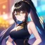 Placeholder: Clear focus, 8k, high quality, detailed, beautiful lighting, girl, vibrant colors, black long hair, vibrant golden eyes, ponytail, smile,