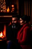 Placeholder: Fire place Christmas scene, dark haired couple, man with short black beard, blue eyes, cozy, young couple, high definition, graphic
