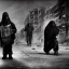 Placeholder: women, faces covered in black masks, ragged clothes, holding flag, realistic, Life Magazine photgraphy, war-torn, destroyed city in the background, 8k resolution, hyperrealistic, detailed matte painting, b&w, dynamic lighting, war, anarchy, terrorists, George Grie, Ben Goossens, brian froud, howard lyon, selina french