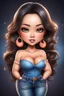 Placeholder: create an airbrush illustration of a chibi cartoon curvy asian female wearing Tight blue jeans and a peach off the shoulder blouse. Prominent make up with long lashes and hazel eyes. She is wearing brown feather earrings. Highly detailed long black shiny wavy hair that's flowing to the side. Background of a night club.