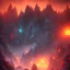 Placeholder: dynamic lighting, Intricately detailed, deep color, Unreal Engine, volumetric lighting, Hell landscape, Hell concept art, Hell fantasy artwork, Mountains, nightsky, winter trees, orange, red, nebulae,