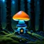 Placeholder: "Close up of a wonderful tiny Mushroom Tower home. Orange and indigo with bright white, deep black and contrasting tones of gray. Illuminated bioluminescent forest. Professional painter, master at composition. small but detailed. broken, blurred background, voluminous lighting"