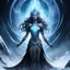 Placeholder: A cosmic fantasy illustration of Miranda, ancient goddess of Abysses and Cold — a towering, ageless female deity emerging from a starless void. Her presence radiates brutal power and paranoia. Skin like cracked ice and obsidian, eyes abyss-dark with glacial light. She stands amid spiraling void geometry and frozen cosmic debris, cold mist and shadow folding into her form. The scene feels feared and forgotten, as if she is believed asleep but is awakening. Tone: dark, epic, mythic, terrifying. St
