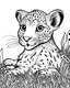 Placeholder: create a 2d black outline, "safari smiling cartoon baby gepard coloring book for toddlers", coloring page, low details design, black contour, coloring page design, simple background, colorful , card style, coloring page for kids, white background, sketch style, safari landscape, cartoon style