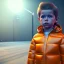 Placeholder: 3d render, Willem dafoe toddler, full body, orange puffer jacket, dramatic lighting, volumetric lighting, concert background, hyper realistic, unreal engine 5, 8k, UHD,