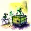 Placeholder: crate an Alien environemt with some aliens doing daily task work, watercolour painting