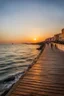 Placeholder: You are an experienced photographer, use a full-frame DSLR with a wide-angle lens and create a realistic photograph of the coastal promenade in Piombino at sunset, overlooking the gently rippling sea, with a view of Elba and a ferry sailing towards it.