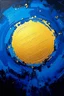 Placeholder: stunning Royal blue, teal, cobalt blue, black oil painting! bold, textured brushstrokes, creating a spiritual and expressive masterpiece. The big golden dot around big blue circles in circle background