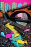 Placeholder: painting of a cyberpunk colourful natural walkway rubbish on the street in the city with pollution and a small bridge by a creek with electric sheep and androids by andy warhol