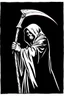 Placeholder: hooded Grim-Reaper gripping scythe(upward), vignette, black and white graphic novel style with a red outline, and black background,