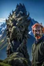 Placeholder: portrait Geordie Kieffer in the Alps on mountain top, with rock giant creature in the background,shot on Hasselblad h6d-400c, zeiss prime lens, bokeh like f/0.8, tilt-shift lens 8k, high detail, smooth render, down-light, unreal engine, prize winning