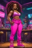 Placeholder: Create a comic book cartoon of a curvy African American female wearing a hot pink jean outfit with timberland boots. Prominent make up with hazel eyes. She is wearing large diamond hoop earrings. Extremely highly detailed very long dread locs hair that shines. Background of a night club.