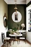 Placeholder: dining room Traditional / CLASSIC/ FARMHOUSE styles. With brown wood flooring AND WHITE WALLS. WOOD coffee table, with a light brown ratan and black wood chair. with an old golden maroque mirror . a small bar, . green couch, colors: white, black, beige.. Materials: rattan, wood, marble,ceramic,clay