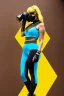 Placeholder: Photograph. Geometric, 3D-tiling on the adaptive background. Lightly armored, electronic circuit. Cyber-punk full-mask. Lay figure woman. The mask covers the face fully. Bronze color Yellow Black Cyan. AKG headphones, golden rings & disc. Porsche design. Thick tights. Thick calves. Curved fell. Wide hip. Flat belly. Ancient artifact, cables. Perfect, Tron Movie. Haute Couture 1990's. Light from right