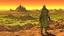 Placeholder: Desert warrior from behind looking at a city on a plateau in the distance, comic style