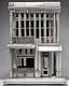 Placeholder: Inspired by gestalt theory and silver mean, intricate brutalist miniature porcelain sculpture of vacant street commercial kiosk on legs, circa 2000, in a contemporary urban art gallery. Eye-catching, vivid, product-focused, sharp focus.