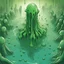 Placeholder: A pool of green goo people fall in and dissolve and a monster rises dripping green, in infographic drawing art style