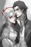 Placeholder: Vampire count Strahd Von Zarovich has long black hair and red eyes, with a woman with white hair