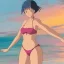 Placeholder: beautiful girl with bikini on the beach with sunset scene