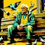 Placeholder: A digital painting in a vintage pop-art style. An elderly man sits on a wooden bench surrounded by pigeons, holding some in his hands. The scene is inspired by a black-and-white photograph but reimagined with bold pop-art colors, strong contrasts, textured brush strokes, and a retro urban atmosphere. The background features distressed textures, with warm yellows, deep reds, and teal greens, blending realism with stylized graphic design. The man’s expression remains detailed and expressive, while