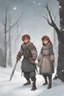 Placeholder: DnD style, two medieval peasant kids playing in the snow male and female, age 14 and 15, happy and playful, he has a short sword