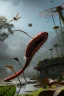 Placeholder: large venus fly trap with teeth eating a dragonfly, flowers, jungle, hyperrealistic, trees in background, digital art, alien like, disgusting, intricate, morbid, rainy, sinister, volumetric lighting, unreal engine, high resolution, 8k, depressing colors, dark colors, horror, horrific,