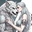 Placeholder: the anthropomorphic strong gray hairy body wolfman name Teo, holds between his paws the anthropomorphic pale hairy body wolfwoman's face , they look at each other, blur background, high detalied, high realistic, sci-fi and fantasy mood