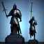 Placeholder: large black stone statue of a knight in a dark dungeon, holding a sword that's pointing up and glowing blue