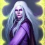 Placeholder: Female dungeons and dragons character, aasimar, eldritch warlock, spy, flowing white hair, glowing golden eyes, mysterious facial expression, close-up, violet magical energy, archfey patron