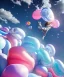 Placeholder: Ultra realistic speed clouds sky scene, wide angle view, sweet childs falling down, inflatable color clothing, free jumping flying, many trinkets, hair monster, many jelly beans, balls, color smoke, smile, happy, circus style, extreme, wind, clouds sea, 20,000 feet altitude, stratosphere, soft color, highly detailed, unreal engine 5, ray tracing, RTX, lumen lighting, ultra detail, volumetric lighting, 3d, finely drawn, high definition, high resolution.