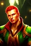 Placeholder: A Dark Fantasy illustration in the style of Magali Villeneuve. 26 years old caucasian male adventurer. Very pale complexion. Bright red short hair. Stuble. Bright green eyes. Full Lips. Large nose. Muscular body. He looks like Ryan Phillippe. Red and gold leather clothes.