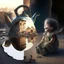 Placeholder: A teapot is shining and a laughing child is looking at it. The child’s image is reflected inside the teapot and behind the child is the reflection of a destroyed city.