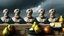 Placeholder: A surreal still life painting features a row of ancient-looking busts wearing turbans, interspersed with pears. The busts are weathered and cracked, some with visible beards and stern expressions. The pears vary in color and condition, with some appearing whole and others broken or cracked, revealing their interiors. They are positioned on a stone ledge, behind which a cloudy, dramatic sky is visible. In the foreground, on a lower ledge, are more pears, a cracked blue bowl, and a stack of cheese