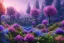 Placeholder: monde en fleurs bleu pink fuksia, concept art, crépuscule , trees bleu pink violet oranger, vibrant Color, réaliste