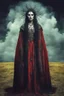 Placeholder: Conceptual surreal and otherworldly, full body portrait photograph of a traditionally dressed Romanian Gypsy Vampire Sorceress , with highly detailed hair and facial features in the photographic style of Jerry Uelsmann, sharply focused, cross processed color image using color slide film with C-41 color negative chemicals, with fine ink overlays, 8k, cinematic horror atmosphere