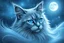 Placeholder: create a silver-blue Siamese or Persian cat with flowing fur in soft grey and white tones, bright blue eyes shining under moonlight, celestial background with stars and light glows, magical yet realistic appearance --ar 3:2 --v 7 --style raw
