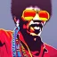 Placeholder: a realistic portrait of Jimi Hendrix at a turntable with headphones on being a DJ, vivid color, with sunglasses