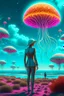 Placeholder: woman in a form-fitting suit, standing on a beach of an alien world, watching mushrooms with jellyfish tentacles in the sky