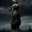 Placeholder: the statue of liberty, dress dirty and torn, her face solemn and terse, trash littered at her feet, she holds a crumpled american flag, she walks away, back to the viewer, under a dark and dreary sky