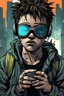 Placeholder: young boy, cyberpunk, comic book art style, VR glasses,, sad, drugs, homeless,punk,