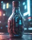 Placeholder: Cyberpunk Futuristic bottle, 3d render, vray, uhd, detailed, hdr, 8k, photorealistic, dramatic lighting, hawken graphic design abstract 3d hitech technological HAWKEN photorealistic uhd 8k VRAY highly detailed HDR