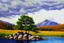 Placeholder: Clouds, mountains, tree, rocks, grass, lake, lake reflections, distant mountains, distant trees, impressionism painting