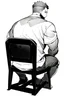 Placeholder: male character sitting on a plastic chair seen from behind, line arts, greyscale