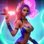 Placeholder: Ana de Armas naked as jinx from arcane standing in a nightclub with light blue hair and long blue plats, blue tattoos on arms, stomach showing, bullet belt with guns, alluring, bedroom scene, cosplay, photo realistic,