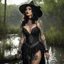 Placeholder: Veronica Gomez as a medieval attractive witch with tattoos in the swamp, in her agent provocateur light dress