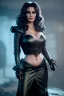 Placeholder: Lisa Ann as evil queen in black leather gown, cleavage, angry, stern look, unreal 5, octane render,cinema4d, dynamic lighting, dramatic lighting, 4k, redshift render, highly detailed, hyper realistic