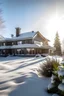 Placeholder: Eine große moderne Villa mit einem Weitläufigen Garten. Alles ist in dicken Schnee gehüllt und der Schnee glitzert in der Morgensonne. Fantasy Stil