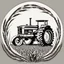 Placeholder: a circular frame made of spiraling wheat, a tractor at the center, black on white vector