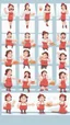 Placeholder: Big girl character, multiple poses and expressions, Real stories illustration style, cute, 20years old girl, full color, red