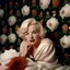 Placeholder: A photograph of childish and fresh marilyn monroe,with white hair and no make up, in the style of Cecil beaton, a white scarf around her shoulders, in a hotel with flowered wallpaper, a rose